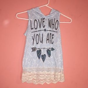 Love who you are kids hooded lace trim tank